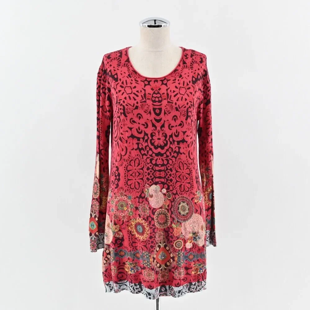 DESIGUAL Dress Womens Sz M Red Geometric Boho Lightweight Katy Tunic Long Sleeve